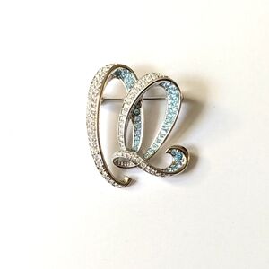 Swarovski White/Blue Rhinestone Silver "M" or "W" Pin